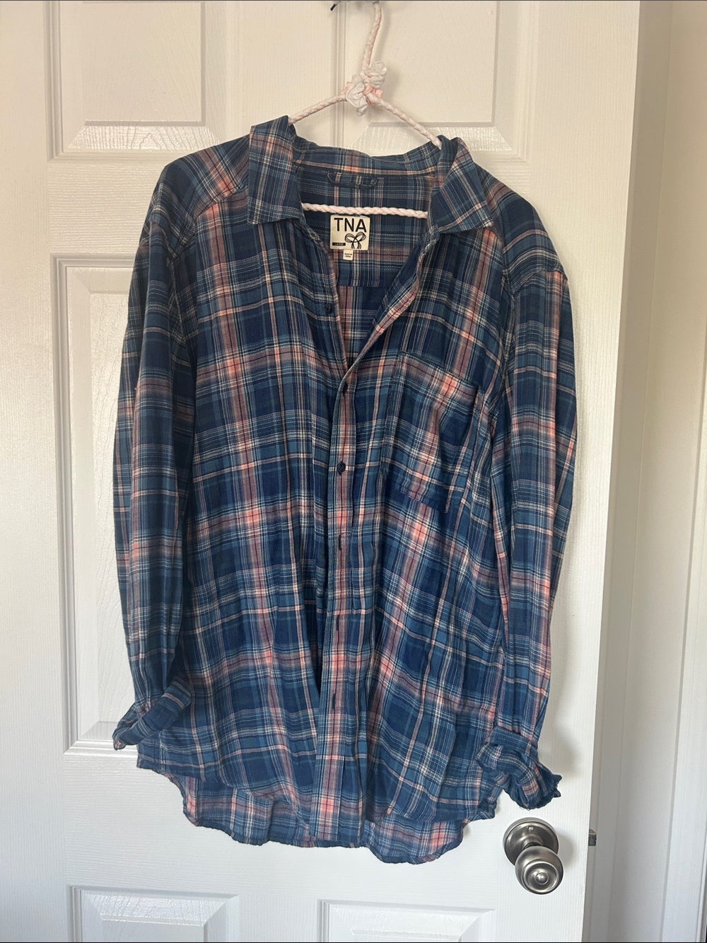 TNA Navy and Pink Plaid Button-Down Shirt